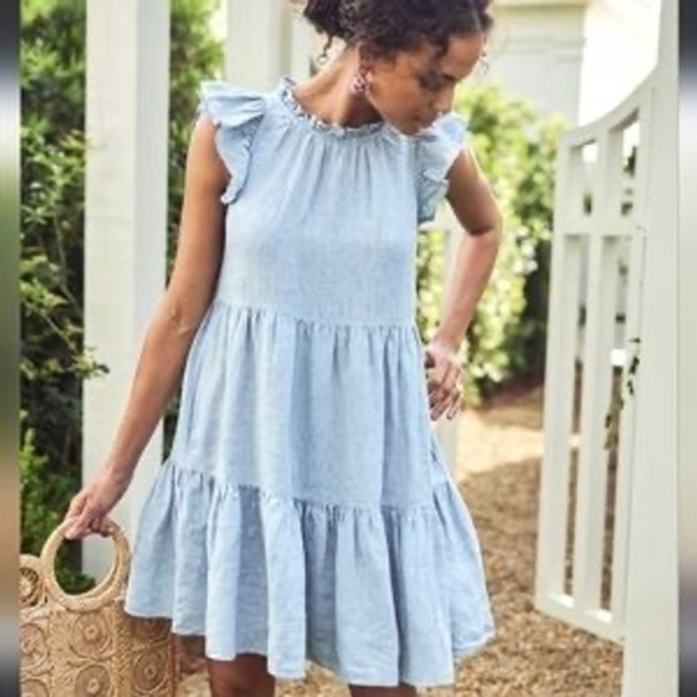 LAKE‎ Women Blue 100% Linen Flutter Sleeve Tiered Ruffle Neck Dress Sz M Coastal
